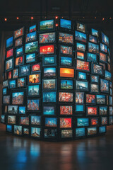 A wall with many TV television screens, various colorful broadcasts. Abstract TV media background