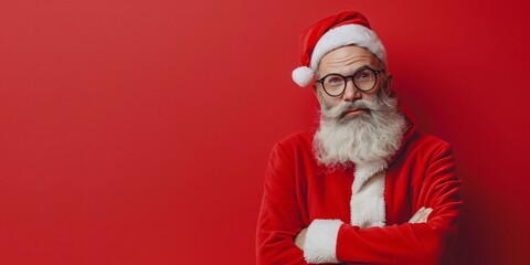Naklejka premium A man stands with his arms folded in a red Santa suit