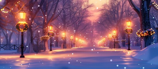 Enchanting snowy path winding through a winter wonderland landscape at night with glowing lanterns and festive lights illuminating the serene magical scene  The tranquil