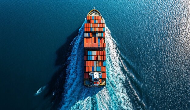 Large cargo ship navigating through open waters while transporting colorful shipping containers in daylight