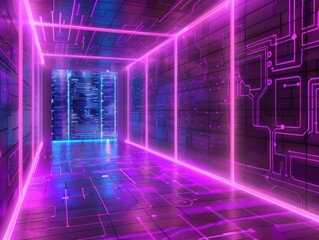Naklejka premium Futuristic room illuminated with neon lights and circuit patterns, creating a high-tech, digital atmosphere.