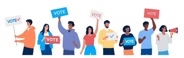 Different people characters with posters are campaigning to vote in the elections