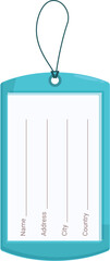 Blue luggage tag hanging on string with space for information like name, address, city and country