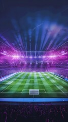 Vibrant stadium with bright lights and green field, ideal for sports events and football matches, capturing excitement and energy.