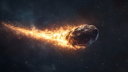 Asteroid with Tail: An asteroid with a glowing tail of dust and particles trailing behind it as it...