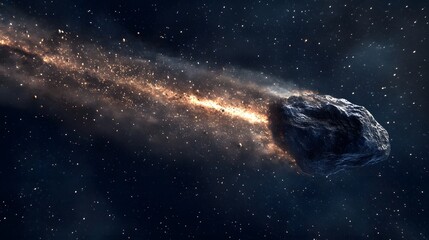 Asteroid with Tail: An asteroid with a glowing tail of dust and particles trailing behind it as it...