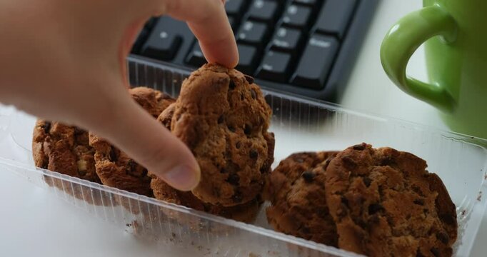 Businesswoman taking a chocolate chip cookie from a box of other ones and getting ready to eat it during a break at work. Close up.