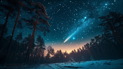 Bright comet above the winter forest