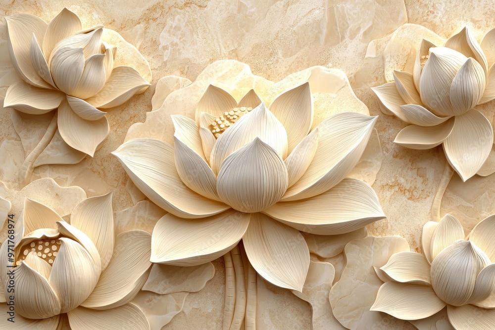 Poster Ivory stucco decorated the bedroom with a sculpture of lotus flowers.