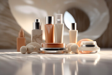 Skincare set with minimal background and shadow. Different cosmetics products are over the concrete wall with lighting and shadows. Cosmetic product presentation
