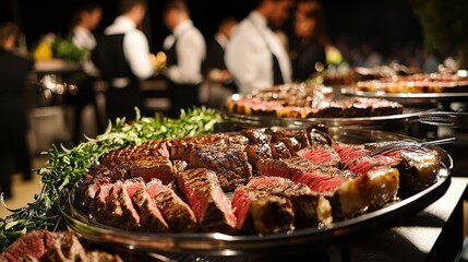 Lavish Steak Buffet at High-End Event with Formal Attire and Waitstaff in Elegant Setting