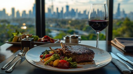 Luxurious Steak Dinner with City Skyline View - Perfect for Dining and Fine Dining Promotions