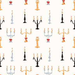 Seamless pattern with images of candles in candlesticks. Flat vector illustration.