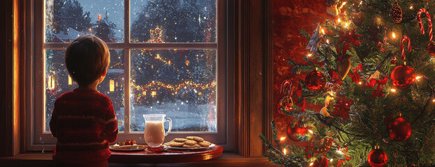 Child Awaiting Santa Claus by Festive Christmas Tree at Night - Perfect for Holiday Cards or Posters © spyrakot