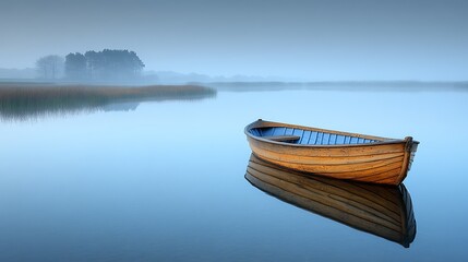 Wooden rowboat on a calm lake with fog in the distance