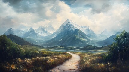 Serene green mountain landscape featuring nature in artwork imag