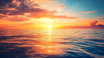 Obraz premium Golden hour sunset over the ocean with colorful clouds and a calm sea.