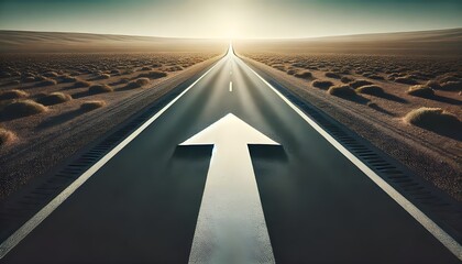 A straight road with a painted arrow pointing towards the horizon, symbolizing direction, goals, and achievement.