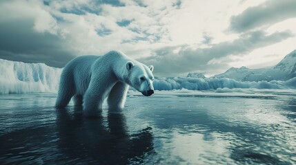 Polar bear attentively looking for fish in frigid arctic setting