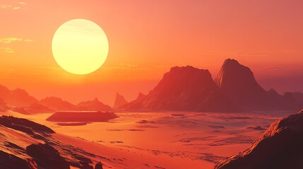 A large sun setting over a red desert landscape, casting an orange glow on the mountains and sand dunes.