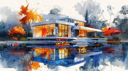Illustrate a digital watercolor architectural design of a contemporary home with large windows and a bold color palette
