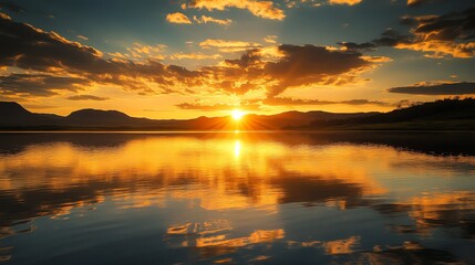 A scenic landscape of a lake with mountains reflecting in the water at sunset.