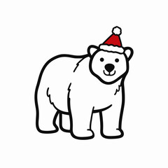 Fototapeta premium Adorable polar bear wearing a Santa hat standing on a white background with copy space