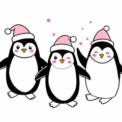 Naklejka premium Three cheerful penguins wearing pink Santa hats celebrating together on a white background with copy space 