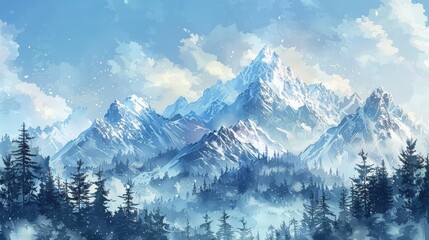 Obraz premium Generate a high-resolution watercolor painting of a traditional mountain landscape with snowy peaks, pine forests, and a clear blue sky