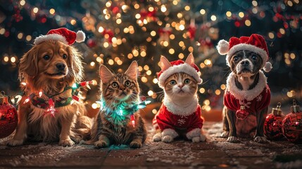 Festive Pet Photoshoot with Dogs and Cats in Christmas Costumes Surrounded by Lights and Decorations