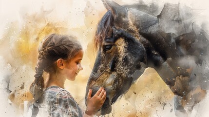 Fototapeta premium Generate a digital watercolor portrait of a young girl feeding a horse, with detailed brushstrokes and a soft, dreamy color palette