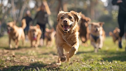 Generate a high-resolution background showing dogs and their owners having fun at a busy dog park. Emphasize the playful, engaging nature of the park scene