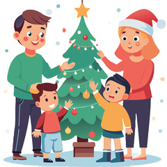 Family decorating a Christmas tree together in a cozy living room