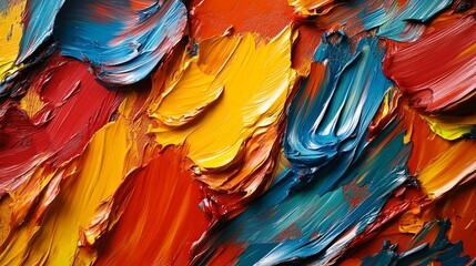 Abstract oil painting with vibrant strokes of red, yellow, and blue.