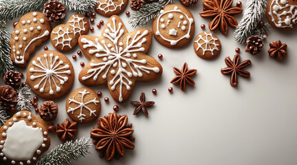 Christmas gingerbread cookies, copy space. Christmas sweets on the table, top view. Christmas design