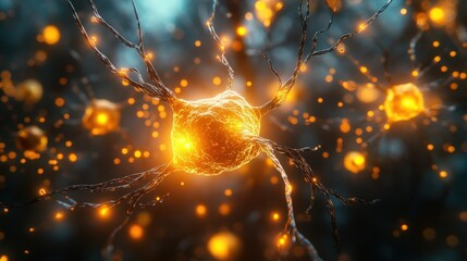 Biomedical Nerve Cell with Glowing Synapse