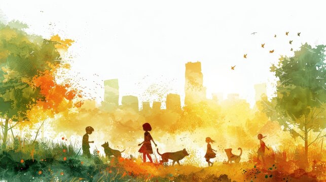 Design a digital watercolor scene of children and animals playing in a park, with lively colors and dynamic brushstrokes