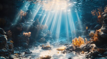 A ray of light shines down through the ocean water illuminating a coral reef.