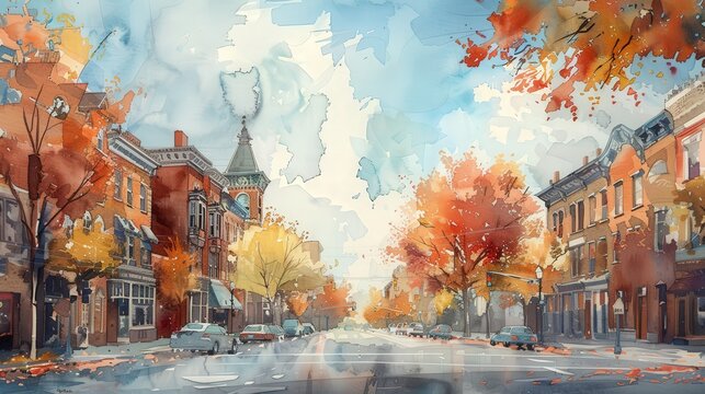 Create a watercolor cityscape featuring iconic historical buildings, charming street scenes, and a lively atmosphere