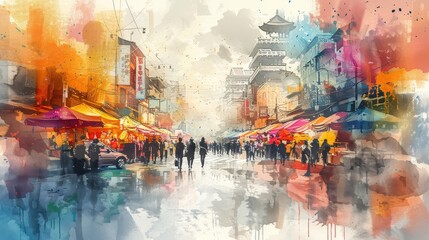 Create a digital watercolor painting of a lively street market with people and animals, capturing the energy and vibrancy of the scene