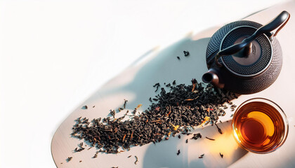 A cup of tea, teapot and tea leaves scattered all over the table