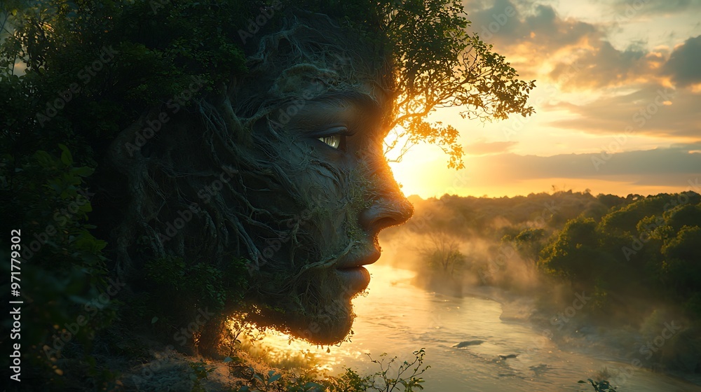 Poster Nature's Embrace,  A Tree with a Woman's Face at Sunset