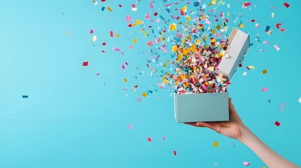 Hand Opening a Gift Box with a Surprise Inside: A hand lifting the lid of a gift box, with a playful surprise like confetti bursting out.
