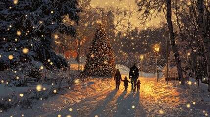 Family Holiday Stroll in Snowy Forest at Sunset Finding Christmas Tree - Winter Wonderland Concept