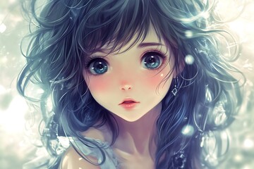 Naklejka premium Anime girl portrait with blue eyes and long dark blue hair