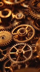 Close-up of intricate golden gears showcasing craftsmanship and precision in mechanical design.