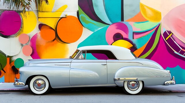 Fototapeta Classic car parked in front of a colorful, abstract mural.