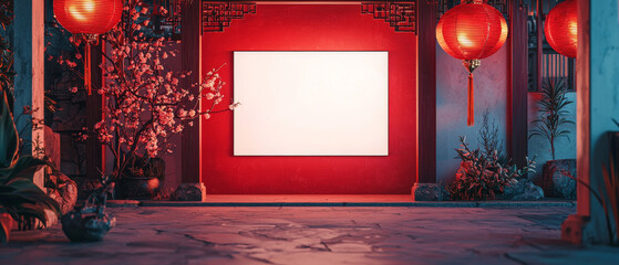 A serene and vibrant scene featuring blank advertising sign set against striking red wall, surrounded by beautiful cherry blossoms and traditional lanterns, creating captivating atmosphere