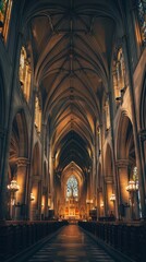 Fototapeta premium A stunning interior view of a grand cathedral showcasing its intricate architecture and serene ambiance.