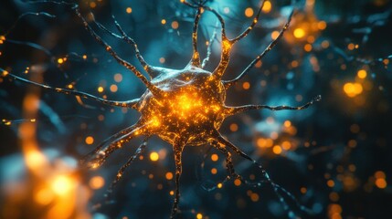 Biomedical Nerve Cell with Glowing Synapse